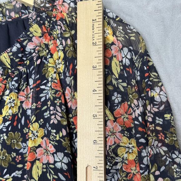 LOFT Dress Womens Medium Black Floral Long Sleeve Ruffle Neck Boho Tunic Lined - Picture 12 of 13